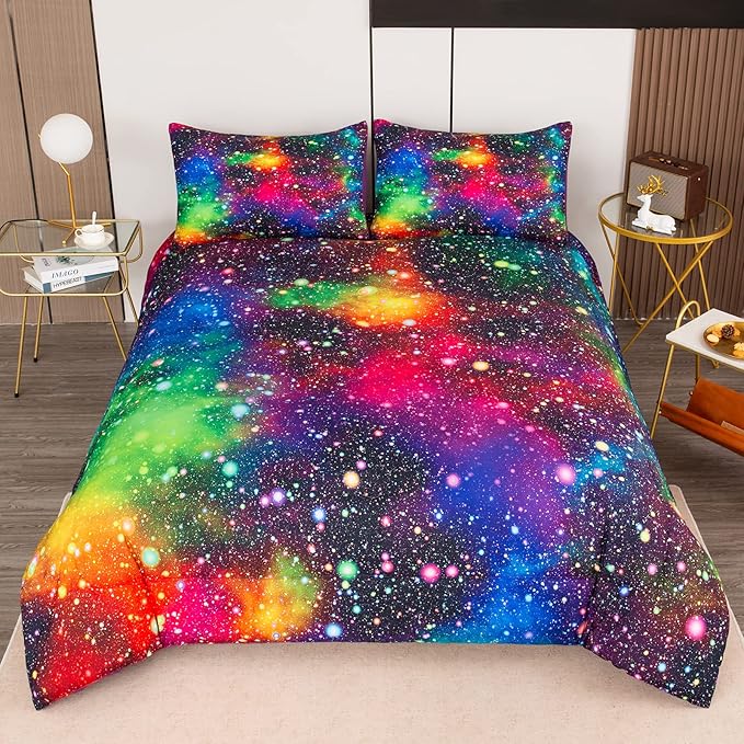 Tailor Shop Galaxy Comforter Set Colorful Outer Space Starry Sky 3D Night Printed Bedding Set for Girls Boys Kids King Size with 1 Comforter 2 Pillowcases……