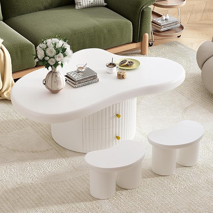 WILLIAMSPACE 38.2" Cloud Coffee Table Set of 3, Modern Irregular Shape Coffee Table with 2 Drawers & 2 Small Stools, Storage Center Table Accent Side End Table for Living Room Apartment, White
