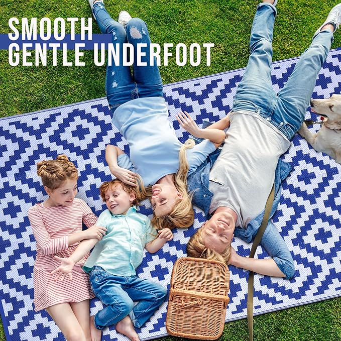 OLANLY Waterproof Outdoor Rug 9x18 ft, Outdoor Plastic Straw Rug for Camping, RV Mat Outside, Outdoor Carpet for Porch, Deck, Backyard, Balcony, Picnic, Blue & White