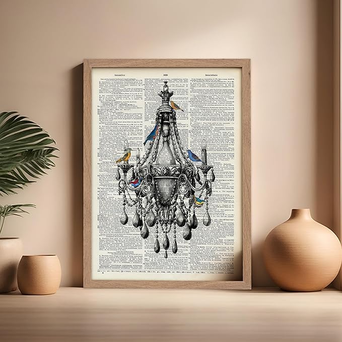 Poster Master Dictionary Art Poster - Antique Chandelier Print - Bird Art - Baroque Art - Gift for Men & Women - Chic Decor for Living Room, Dining Room, Bedroom or Kitchen, 16x20 Beige Framed