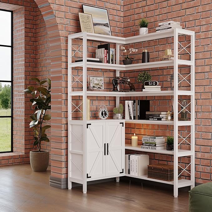Corner Bookshelves 6 Tier, Farmhouse Wooden Bookcases for Corner, L Shaped Etagere Bookshelf with Storage for Living Room Home Office