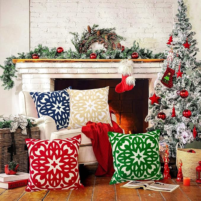 Alysheer Embroidered Decorative Throw Pillow Cover 18x18 inch, 100% Cotton Canvas Cozy Warm Knit Pattern Cushion Case for Sofa Couch Living Room Office Holiday Decor Gifts (Happy Christmas Tree Green)