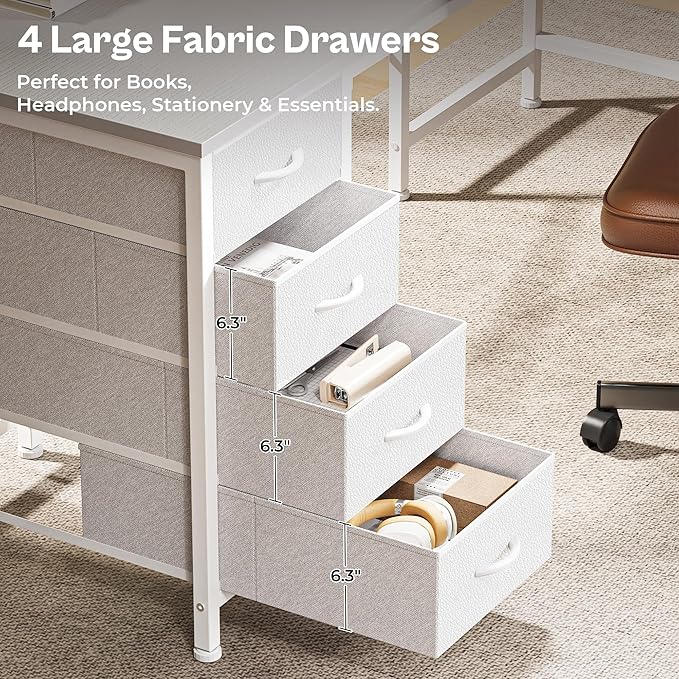 Huuger 63 Inch L Shaped Desk with Fabric Drawers, Reversible Computer Gaming Desk with Power Outlets and USB-C Port, Adjustable Side Storage Shelves, for Work Study Corner Home Office, White