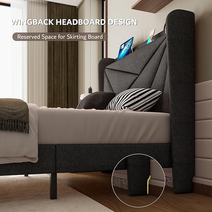 iPormis Twin Size Bed Frame with Charging Station, Linen Platform Bed Frame with Wingback Upholstered Headboard, Solid Wood Slats Support, No Box Spring Needed, Easy Assembly, Dark Grey