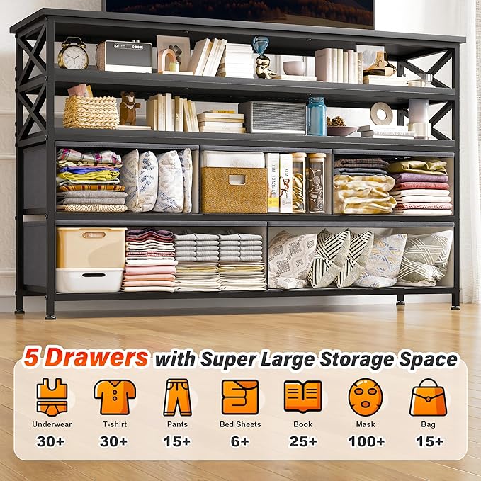 Dresser TV Stand for 50" TV, Sturdy Dresser for Bedroom with 5 Fabric Drawers and 3 Wood Open Shelves, Chest of Drawers Storage Dressers for Entryway, Closet, Grey, 11.8" D x 39.4" W x 38.4" H