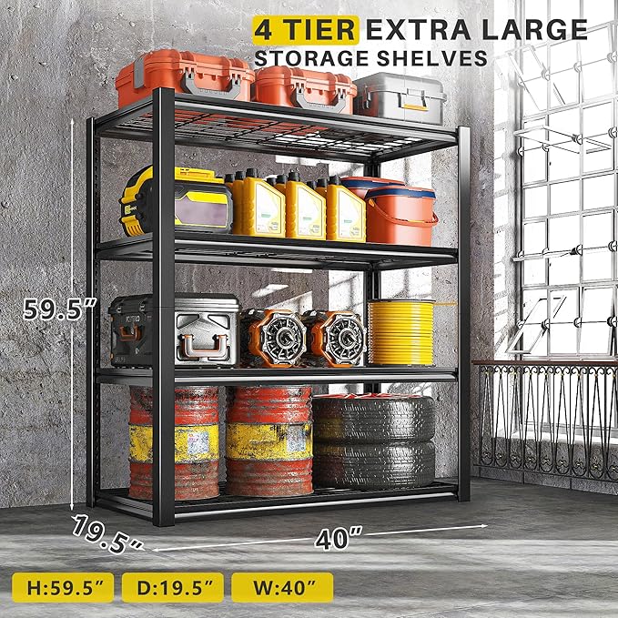 REIBII 40" W Garage Shelving 2240 LBS Storage Shelves Adjustable Heavy Duty Shelving 4 Tier Metal Shelves for Storage 59.5"H Metal Shelf for Pantry Basement Warehouse 40"W × 19.5"D × 59.5"H, 4 Pack