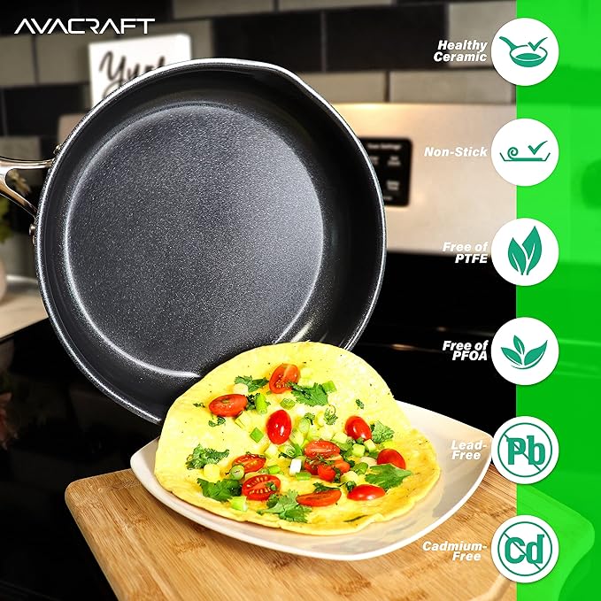 AVACRAFT Ceramic Nonstick Frying Pan with Lid, Egg Pan, Ceramic Nonstick Skillet, 100% PFOA, PTFE Toxins Free Cooking Pan, Best Ceramic Pans for Cooking (10 Inch Non-Stick Frying Pan)