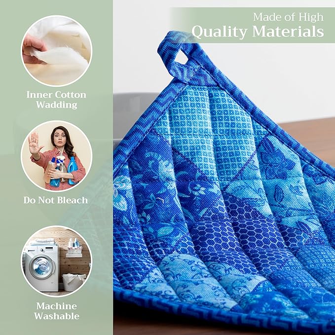 Maison d' Hermine Pot Holders Set 100% Cotton Heat Resistant Potholders 8" x 8" Hot Pads with Loop BBQ, Cooking, Baking, Grilling, Kitchen, Handling Hot Pans Spring/Summer (Pack of 2, Indigo Love)