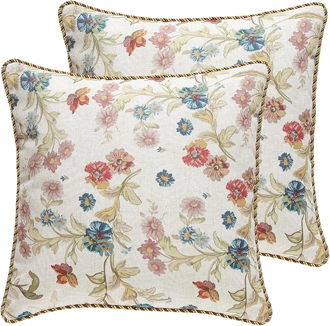 patdrea Designer Pack of 2 Square Throw Pillow Covers,Farmhouse Pink and Yellow Linen with Floral Pattern Pillows Cover,Decorative Pillowcases Cushion for Bed Living Room Outdoor Car,18"x18"