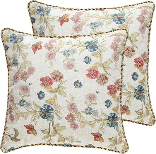 patdrea Designer Pack of 2 Square Throw Pillow Covers,Farmhouse Pink and Yellow Linen with Floral Pattern Pillows Cover,Decorative Pillowcases Cushion for Bed Living Room Outdoor Car,18"x18"