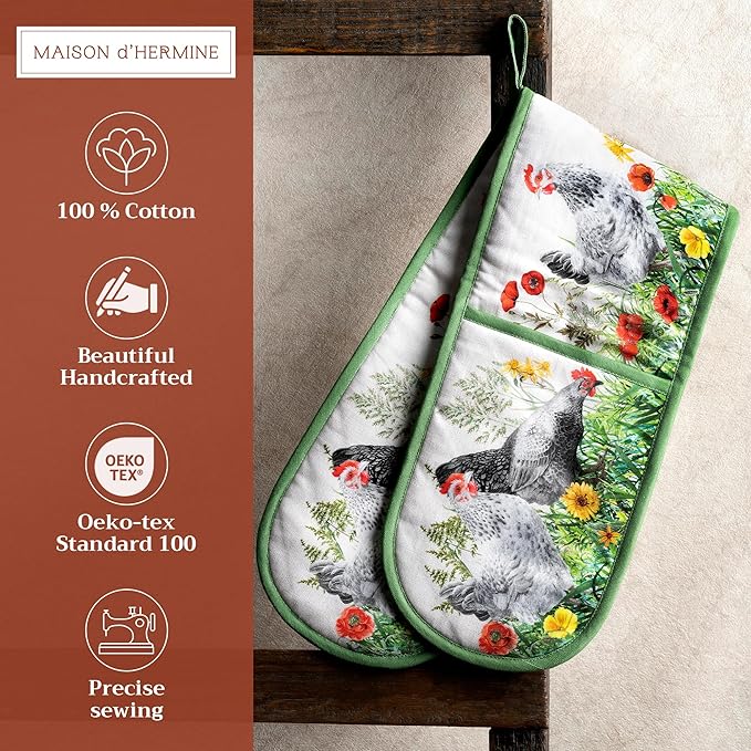 Maison d' Hermine Double Oven Mitts 100% Cotton 7"x35" Double Oven Mitt Heat Resistant BBQ Cooking Gloves with Loop, Baking, Grilling, Home, Kitchen, Handling Hot Pans Spring Summer (Basse Cour)
