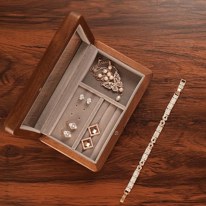 Walnut Jewelry Storage Box with Glass Lid, Multi-Functional Wooden Jewelry Organizer, Soft Velvet Interior, Natural Wood Craft Display Box for Rings, Earrings, Necklaces, Valentine’s Day Gift