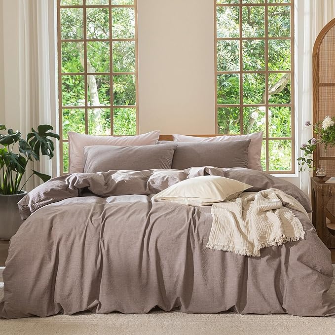 MooMee Bedding Duvet Cover Set 100% Washed Cotton Linen Like Textured Breathable Durable Soft Comfy (Heathered Mauve Brown, Oversized King Plus 128"x120")