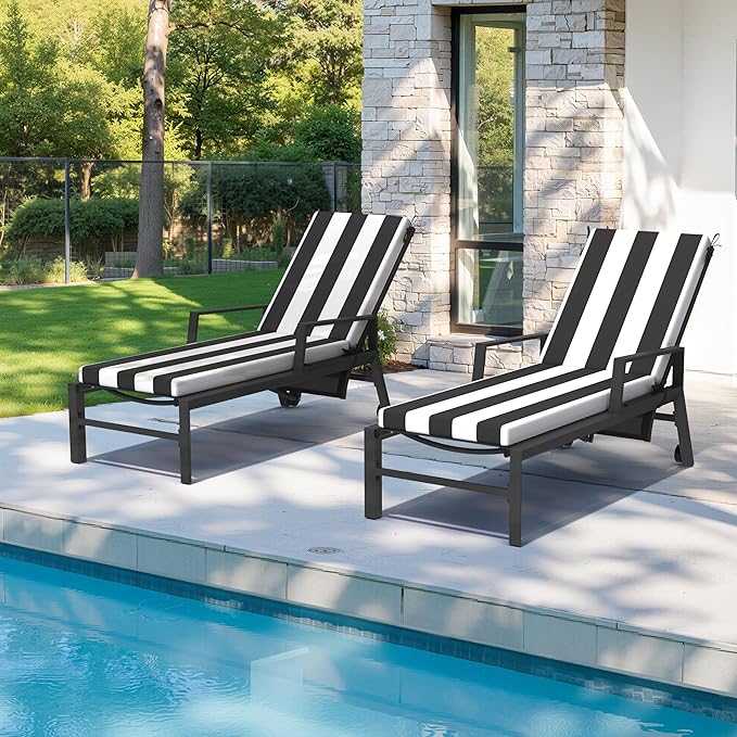 Crestlive Products Chaise Lounge Cushions Set of 2, Outdoor Cushions for Patio Furniture, Water Resistant Lounge Chair Cushion for Pool, Deck, Lawn, 72''L x 21''W, Black White Stripe