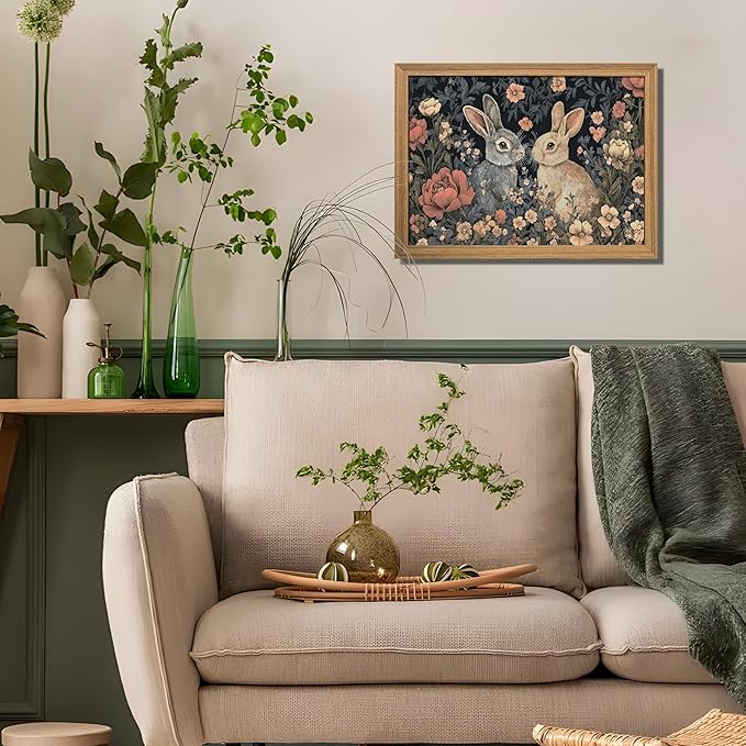 AKWISH Framed 3D Textured Vintage Wall Art - Dark Academia Easter Bunny Decor Hand Drawn Sandstone Paintings with Botanical Florals, Aesthetic Wall Decor for Living Room Bedroom Home 12x16 inch