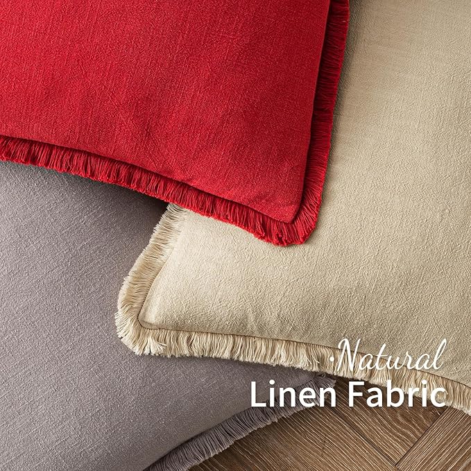 MIULEE Decorative Lumbar Throw Pillow Covers Neutral Linen Fringe Throw Pillows Set of 2 Red Boho Farmhouse Cushion Covers with Tassels for Couch Sofa Bed Living Room Spring Home Decor 12x20 Inch