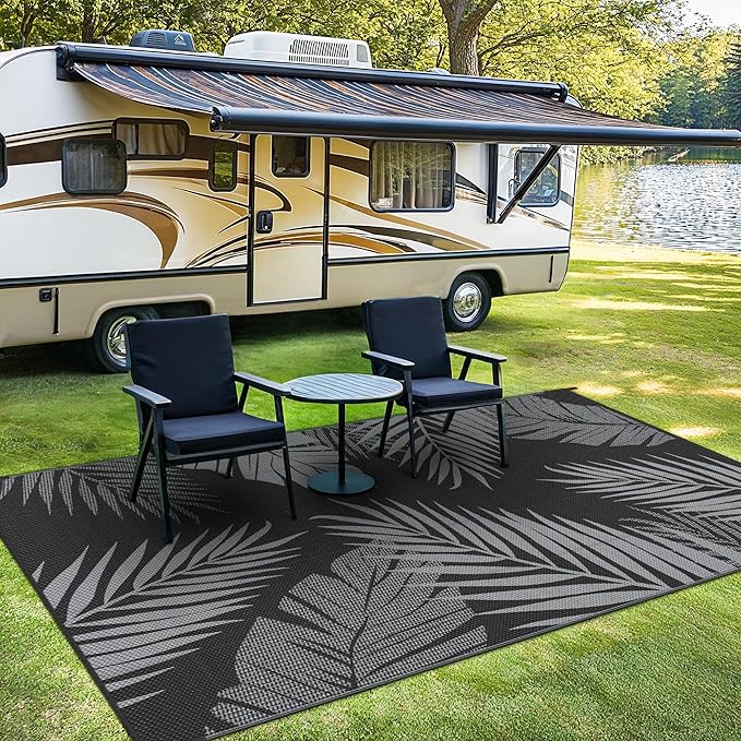 Outdoor Rug 5’x8’ Waterproof for Patio Clearance, Reversible Indoor Outdoor Plastic Straw Camping Rug Carpet, RV Mat, Large Area Rug for Deck, Backyard, Balcony, Porch, Beach, Black & Grey