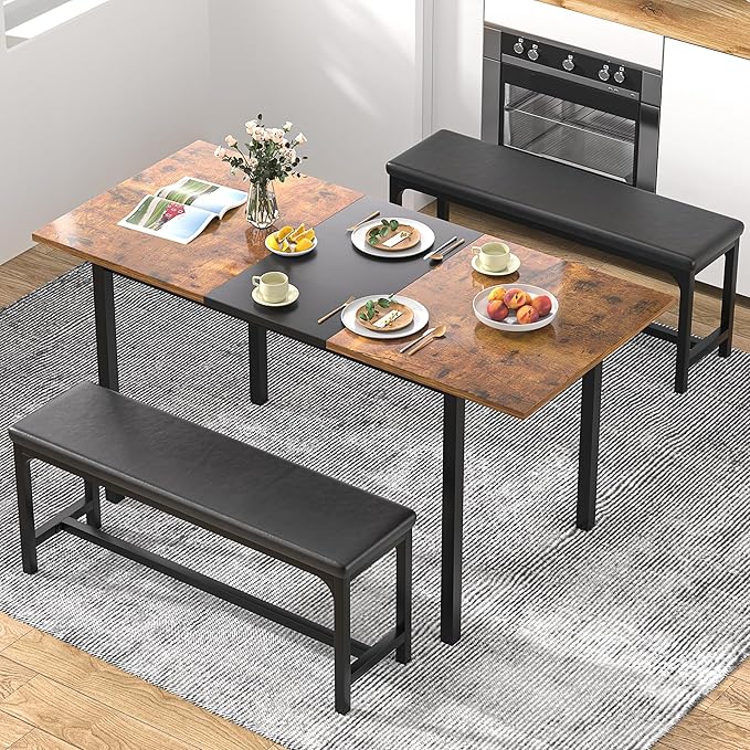 VECELO 3-Piece 63" Extendable Kitchen Table with Benches/Chairs, Modern Breakfast Dinette/Dining Room Set for 4/6/2, Small Space Saving Design, Easy Assembly
