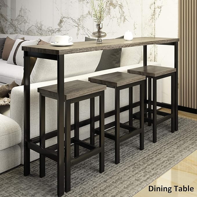 Harper & Bright Designs 4-Piece Dining Table Set, 60.2" L Solid Wood Dining Table with 3 Stools and Metal Frame for Kitchen Dining Room, Antique Grey + Black