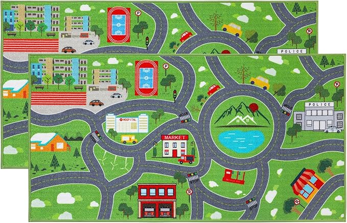 BEQHAUSE Kids Play Mat 2pcs, Green City Traffic Road Kids Room Rug Great for Playing with Cars, 32”x60” Play Area Rug Car Rugs for Children's Bedroom, Toddler Classroom and Baby Playroom