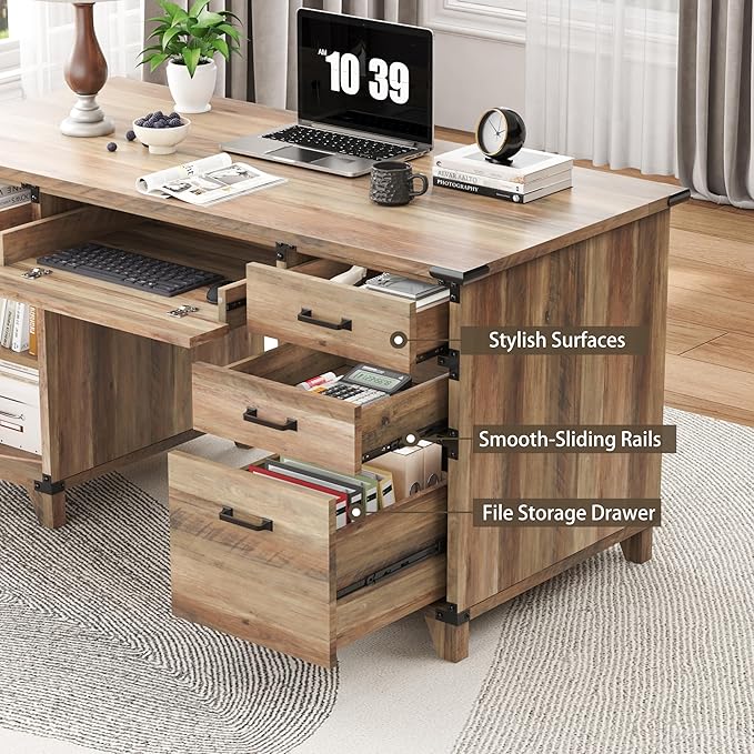 59" Farmhouse Executive Desk with Keyboard Tray,Wooden Computer Desk with Scratch-Resistant Wear-Resistant for Office, 5 Drawers,Home Office Workstation with wFile Cabinet Storage