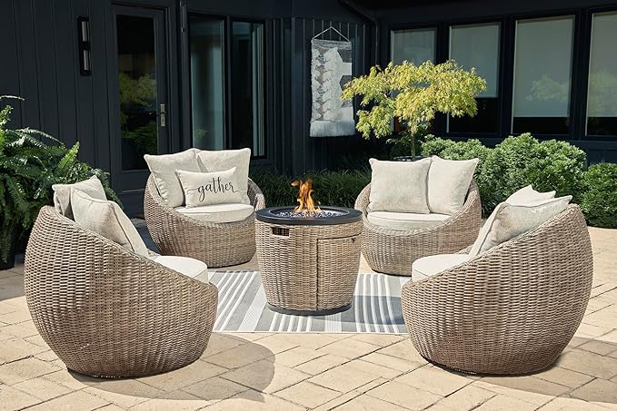 Signature Design by Ashley Danson Outdoor Lounge Chair with Cushion and 360-Degree Swivel, Set of 2, UV-Resistant Performance Fabric and Resin Wicker, Light Brown