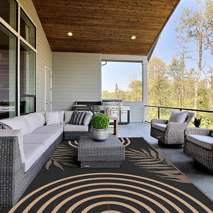 GENIMO Outdoor Rug 6' x 9' Waterproof for Patio Clearance, Reversible Plastic Straw Camping Carpet, Lightweight Rugs Mats for Rv, Backyard, Deck, Porch, Picnic, Balcony, Mix-Black & Brown
