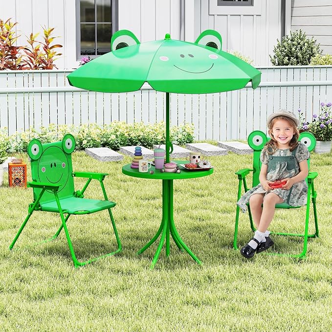 Costzon Kids Picnic Table, Kids Outdoor Table with 2 Folding Chairs, Height Adjustable Umbrella, Portable Children Outdoor Furniture for Patio, Garden, Backyard (Green)