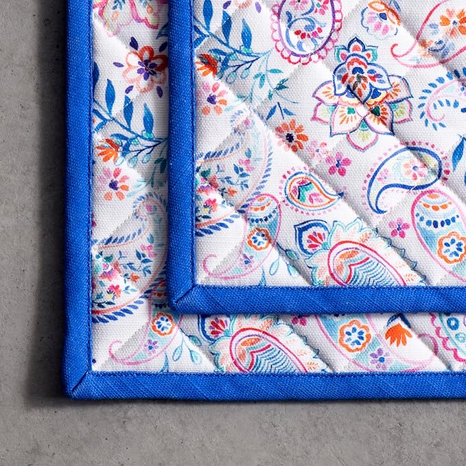 Maison d' Hermine Pot Holders Set 100% Cotton Heat Resistant Potholders 8" x 8" Hot Pads with Loop BBQ, Cooking, Baking, Grilling, Kitchen, Handling Hot Pans Spring/Summer (Pack of 2, Indian Floral)