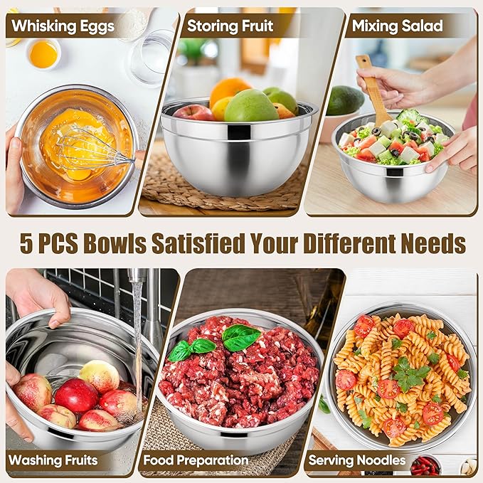 P&P CHEF Mixing Bowl with Airtight Lid Set of 5, 10-Piece Stainless Steel Nesting Salad Bowl Set for Prepping, Mixing and Serving, Size 4.6, 3, 1.5, 1, 0.7 QT, Rimmed Edges & Flat Base, Khaki