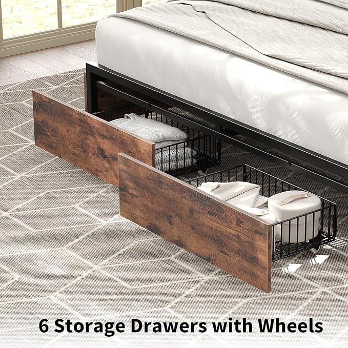 Full Size Bed Frame with LED Headboard & Charging Ports, Rustic Wood Platform Full Bed Frame, 6 Storage Drawers and Display Shelf, Heavy-Duty Metal Frame, No Box Spring Needed, Brown