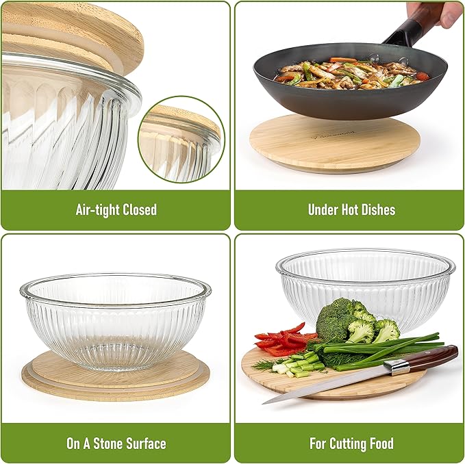 Stackable Space-Saving Nesting Set of 3 Glass Bowls with Bamboo Lids for Foodprep, Storage, Mixing & Cooking - Microwave & Oven Safe BPA Free Durable Heat Resistant Inert Borosilicate Glass