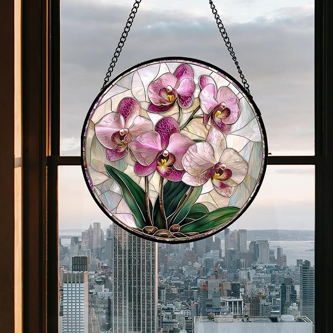 Stained Glass Window Hanging - Pink Purple Phalaenopsis Flowers Sun Catcher for Door Home Decor Plant Suncatcher Christmas Mother's Day Birthday Gifts for Women Men Mom Nana 11.8 in
