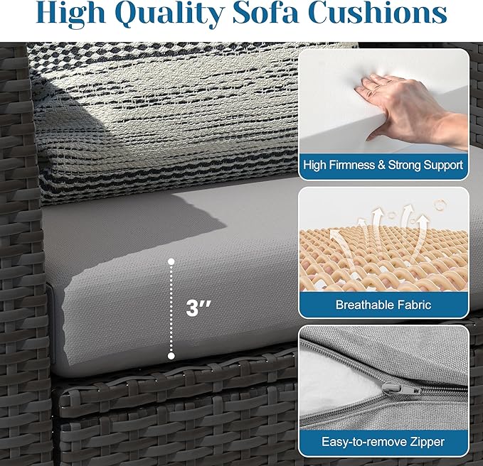 Solaste 4 Piece Outdoor Patio Furniture Set, Outdoor Sectional Sofa with Tempered Glass Coffee Table and Cushions, Wicker Rattan Patio Set for Backyard, Front Porch, Balcony, Gray