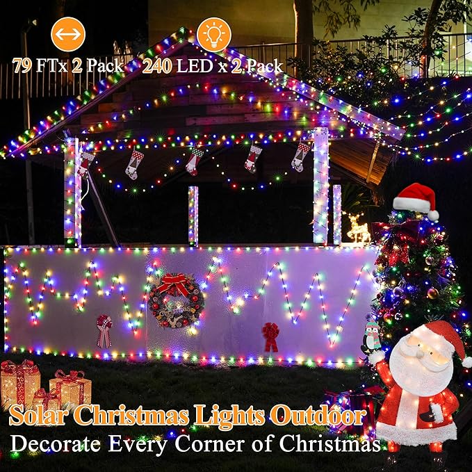 2 Pack Solar String Lights Total 480LED 158FT, IP67 Waterproof Solar Lights for Outside with 8 Modes, Upgraded Solar Panel Fairy Lights for Garden Party Wedding Decorations (Cool White)