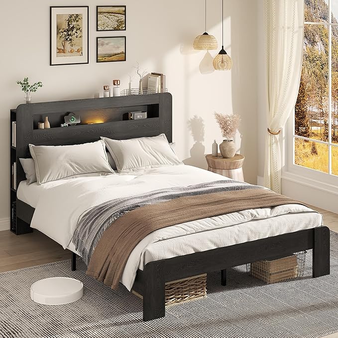 Wooden Bed Frame Queen Size with Storage Headboard - Farmhouse Platform Bed Frame with Bookcase Shelf & Led Lights, Sturdy Wood Slat Framework Bed Frame (Black LED)