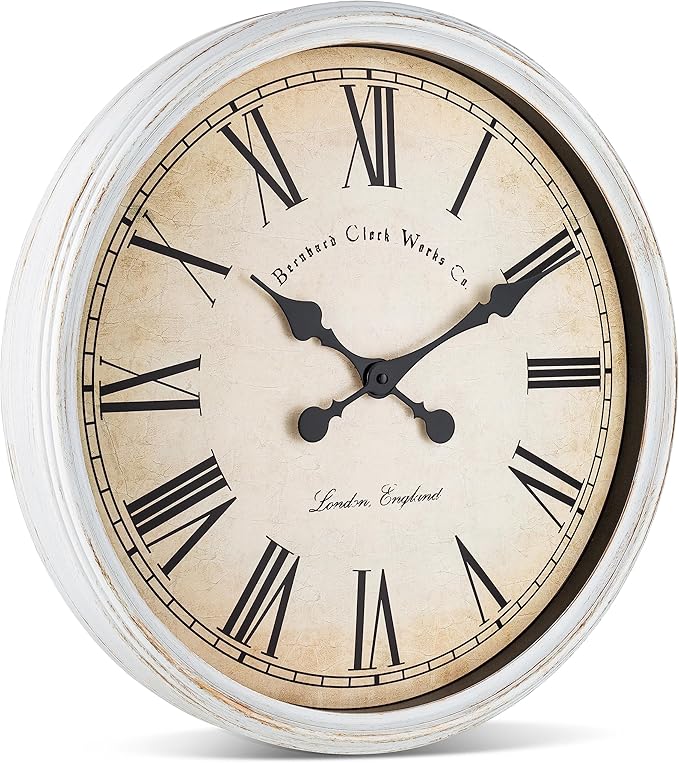 Bernhard Products Large Decorative Wall Clock 20 Inch Silent Non Ticking Battery Operated Quartz Vintage Stylish with Rustic White Rim for Home Living/Dining Room Kitchen & Over Fireplace
