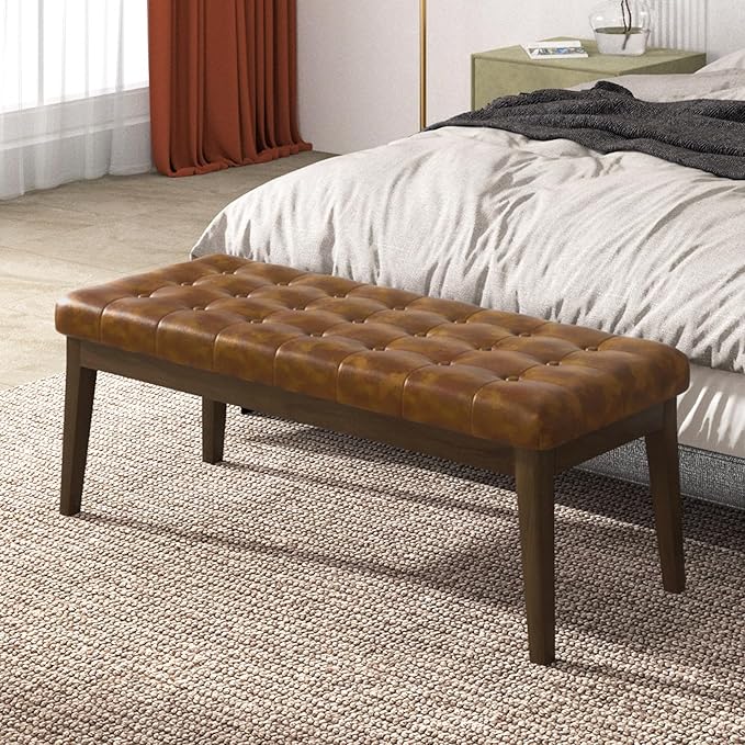 End of Bed Bedroom Bench, Faux Leather Upholstered Tufted Bench for Bedroom End of Bed with Solid Wood Legs for Bedroom Living Room Entryway(Brown)