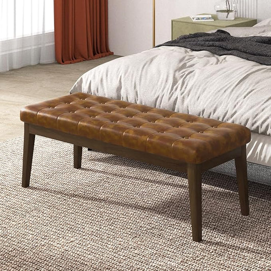 End of Bed Bedroom Bench, Faux Leather Upholstered Tufted Bench for Bedroom End of Bed with Solid Wood Legs for Bedroom Living Room Entryway(Brown)