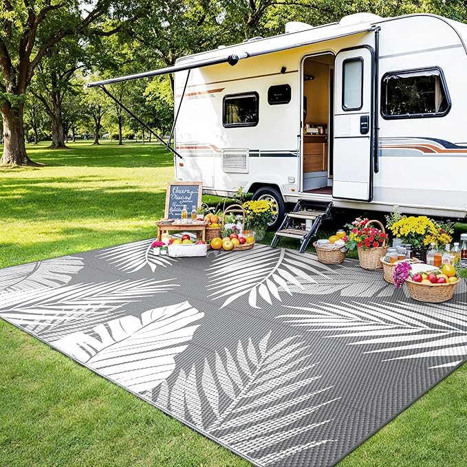 Outdoor Rug 6’x9’ Waterproof for Patio Clearance, Reversible Indoor Outdoor Plastic Straw Camping Rug Carpet, RV Mat, Large Area Rug for Deck, Backyard, Balcony, Porch, Beach, Grey & White