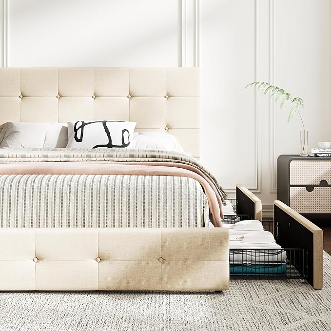 MUTICOR Full Size Bed Frame with 4 Storage Drawers, Upholstered Platform Bed with Button Tufted Adjustable Headboard, No Box Spring Needed, Easy Assembly, Square Tufted, Beige Fabric