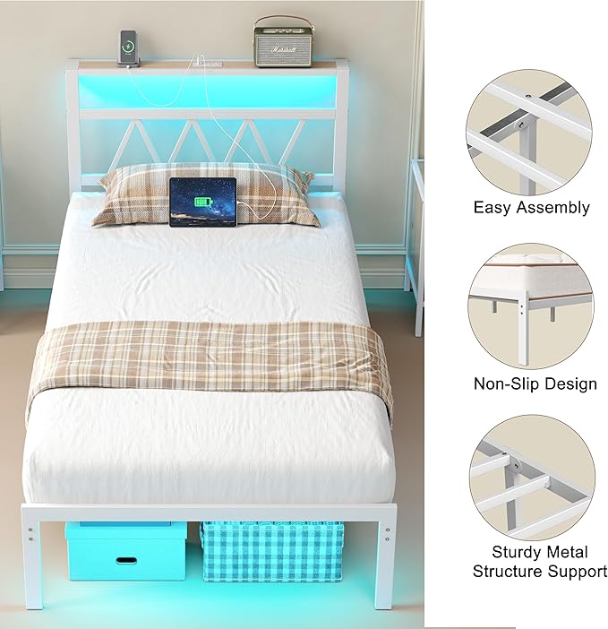 Full Bed Frame with Smart LED Lights, Storage Headboard and USB Charging Station,Heavy Duty Wooden Slats, No Box Spring Needed, Noise Free, Easy Assembly (Classic White, Twin)