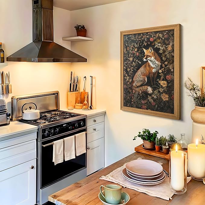 AKWISH Framed 3D Textured Vintage Wall Art - Dark Academia Decor Hand Drawn Sandstone Fox Paintings with Botanical Florals, Aesthetic Wall Decor for Living Room Bedroom Home 12x16 inch