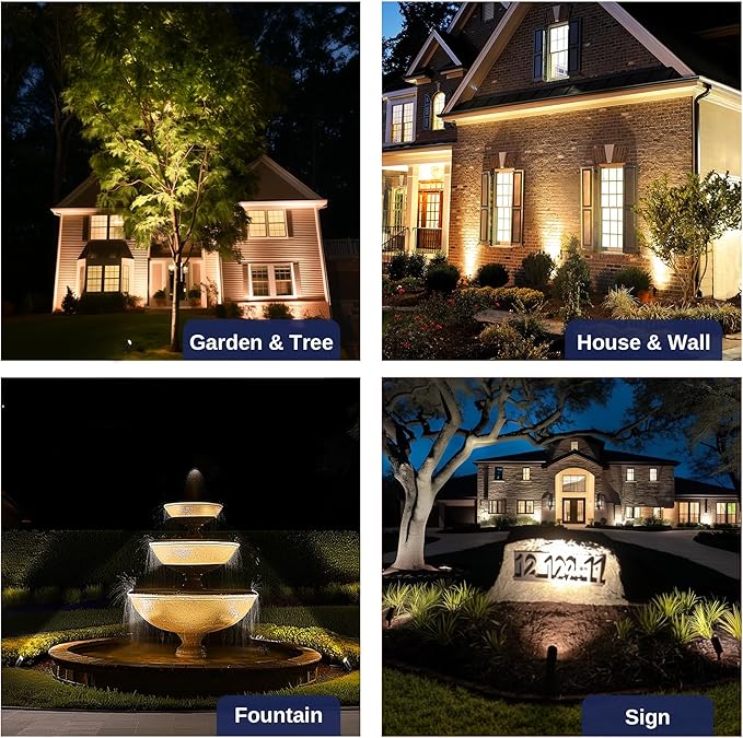 Spot Light Brass - Outdoor Landscape Spotlights LED, 12V Low Voltage Landscaping Uplights, Hard-Wired All Weather Black for Backyard Lawn with Warm White Changeable Bulbs (8 Pack)