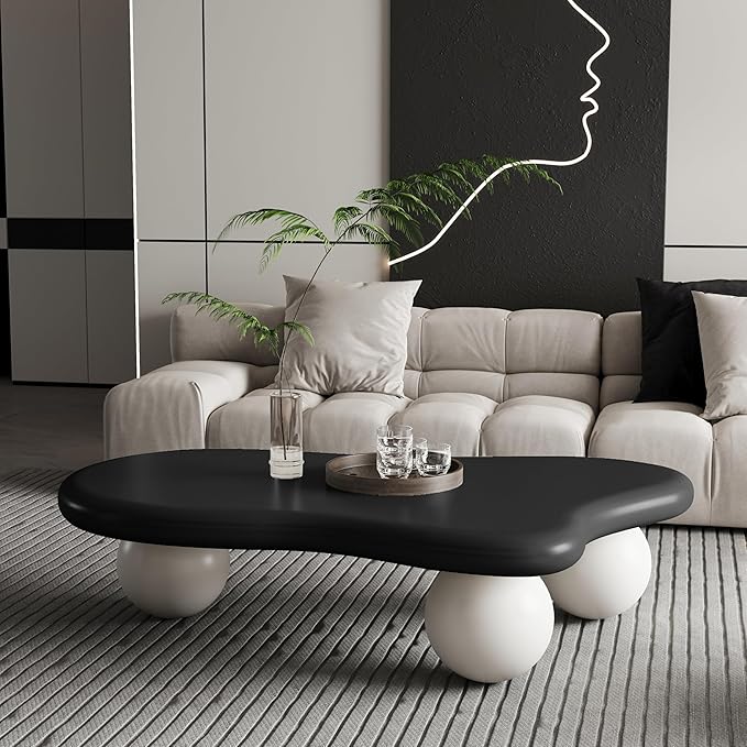 47 Inch Cloud Shaped Coffee Table with 3 Ball Legs for Living Room Black Top White Legs