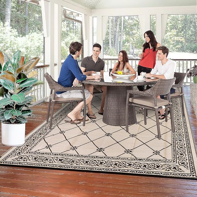 Outdoor Rug 8'x10' for Patios Waterproof Patio Rugs Outdoor Mats for Front Porch,Beach Mat,Reversible Plastic Straw Camping Rugs for Outside RV,Deck,Balcony,Backyard，Black&Beige