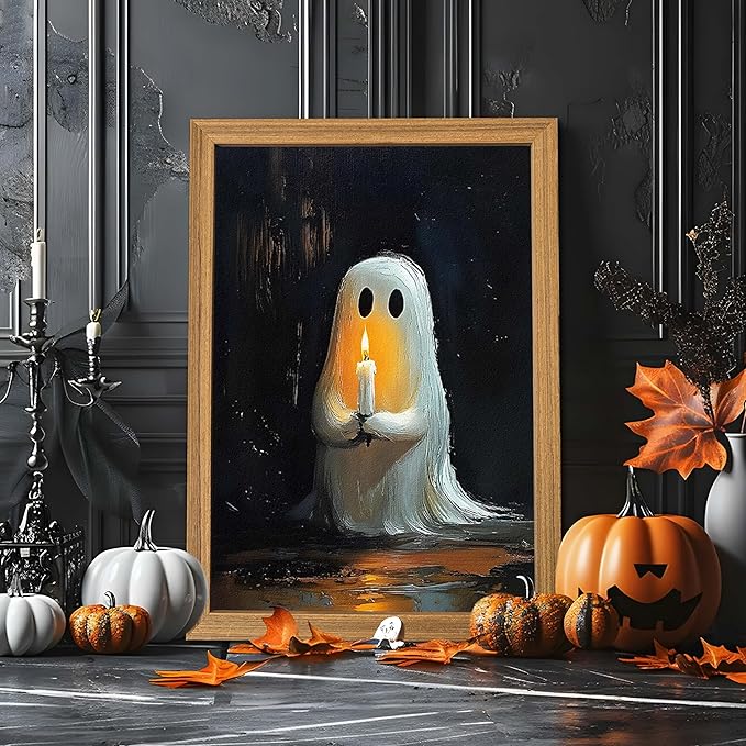 Framed Vintage Halloween Ghost Wall Art - Spooky Candle Ghost Fall Texture Pictures Wall Decor for Living Room, Kids Room, Halloween Bedroom or Party 12x16 inch
