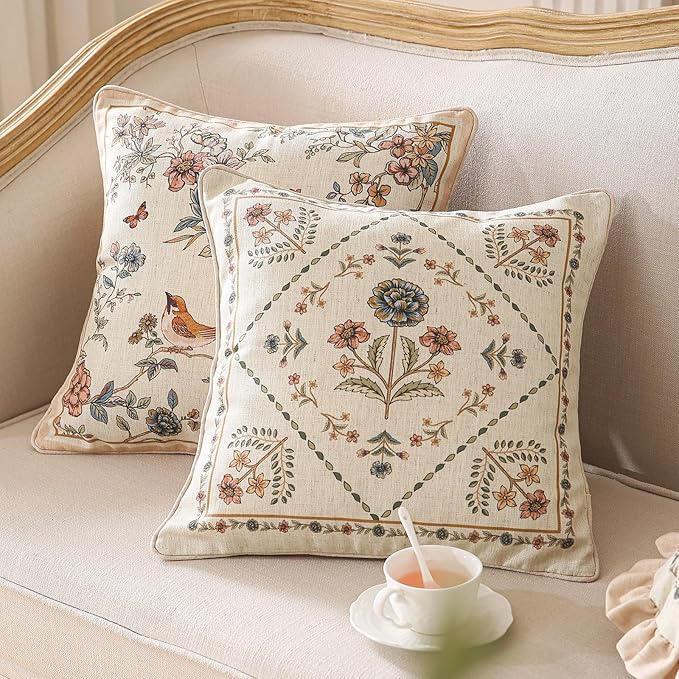 Design Square Floral Linen Throw Pillow Covers 18"x18" Pack of 2, Yellow Pink Flower Pattern Cushion Covers Decor Pillowcases for Bed,Living Room,Outdoor,Car