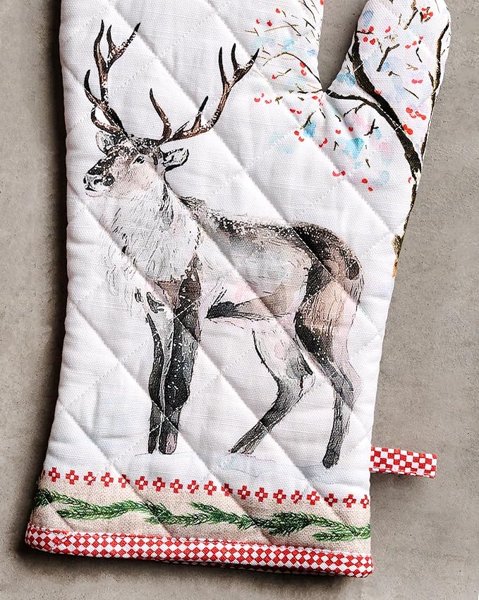 Maison d' Hermine 100% Cotton Oven Mitt & Pot Holder Set (7.5"x13" & 8"x8") Heat Resistant BBQ Cooking Gloves with Loop for Thanksgiving Christmas Decorations Handling Hot Pans (Rural Christmas)