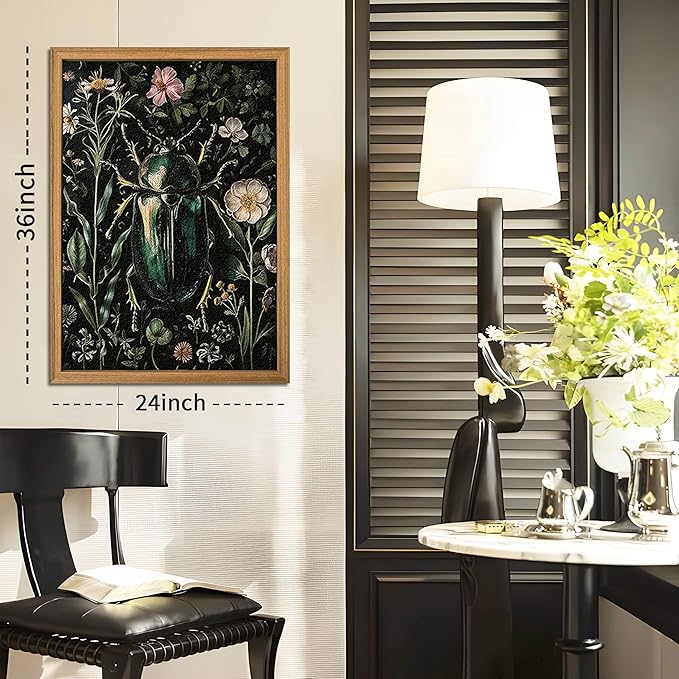 Framed Vintage 3D Textured Wall Art - Gothic Dark College Beetle Wall Decor - Hand Drawn Sandstone Nature Botanical Pictures for Living Room Bedroom Home Decor 24x36in